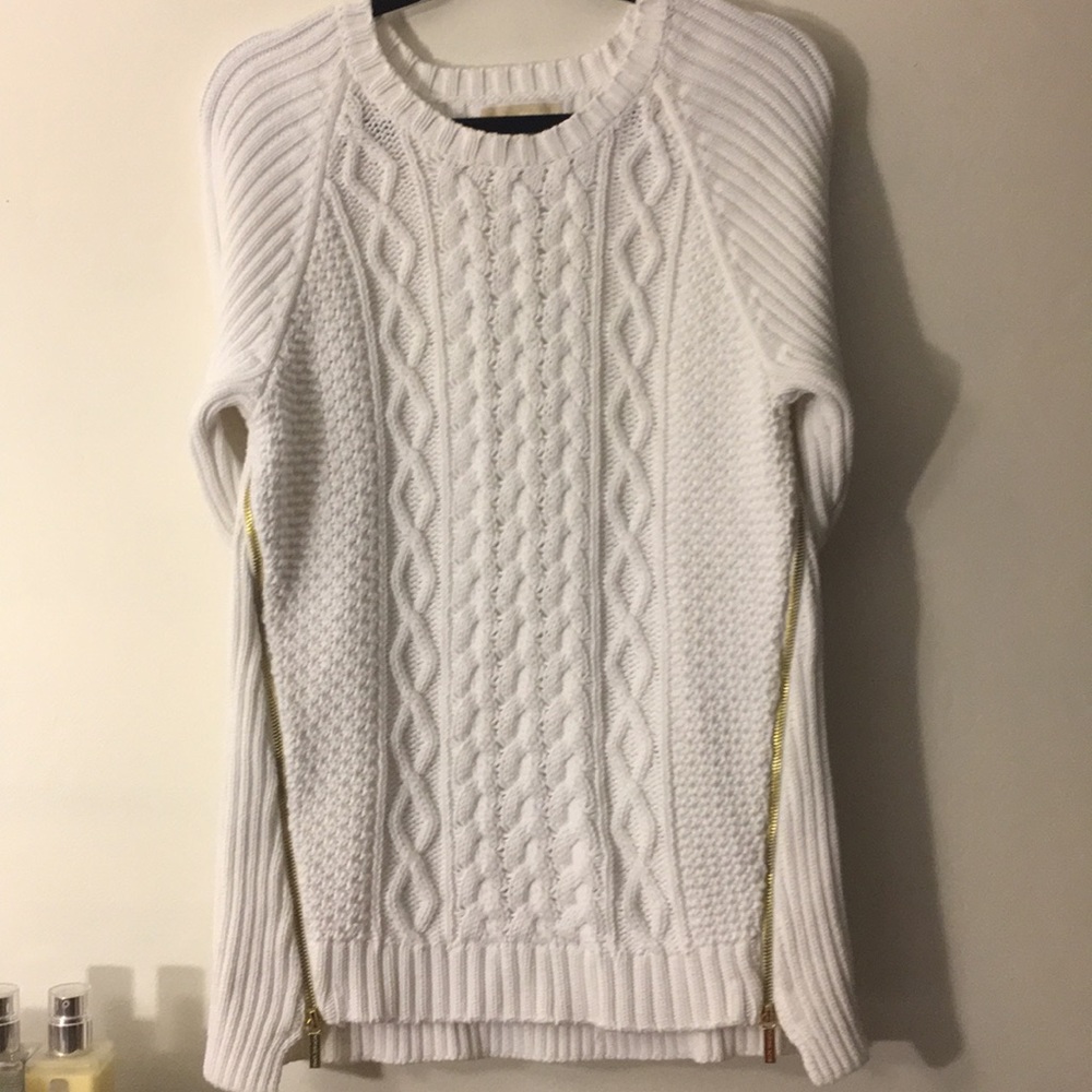 NWOT Michael K. white knit sweater w/ gold zippers - Picture 2 of 6